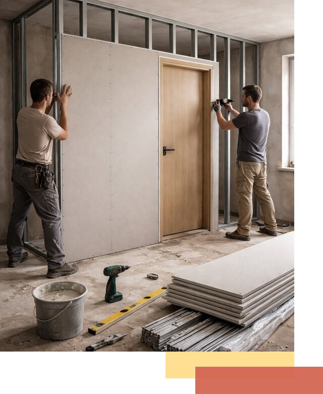 Перегородка из гипсокартона с дверью под ключ в Солнечногорске