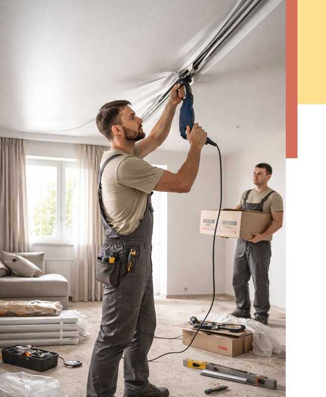 Монтаж сатинового натяжного потолка в Солнечногорске от 3643 руб. | Быстро, недорого — ОТДЕЛОЧНИК-Слн