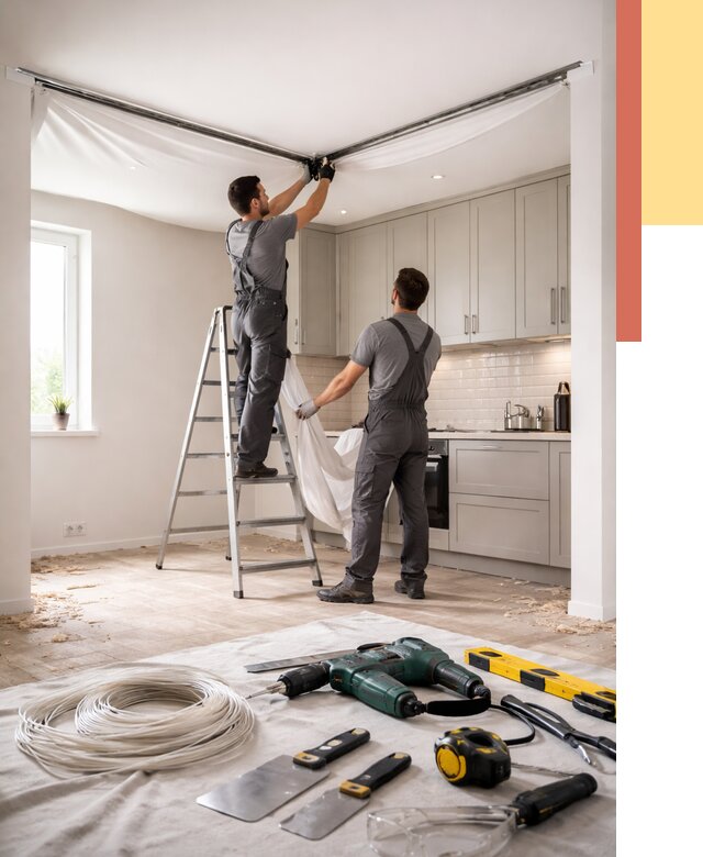 Установка натяжного потолка на кухне в Солнечногорске от 2498 руб. | ОТДЕЛОЧНИК-Слн